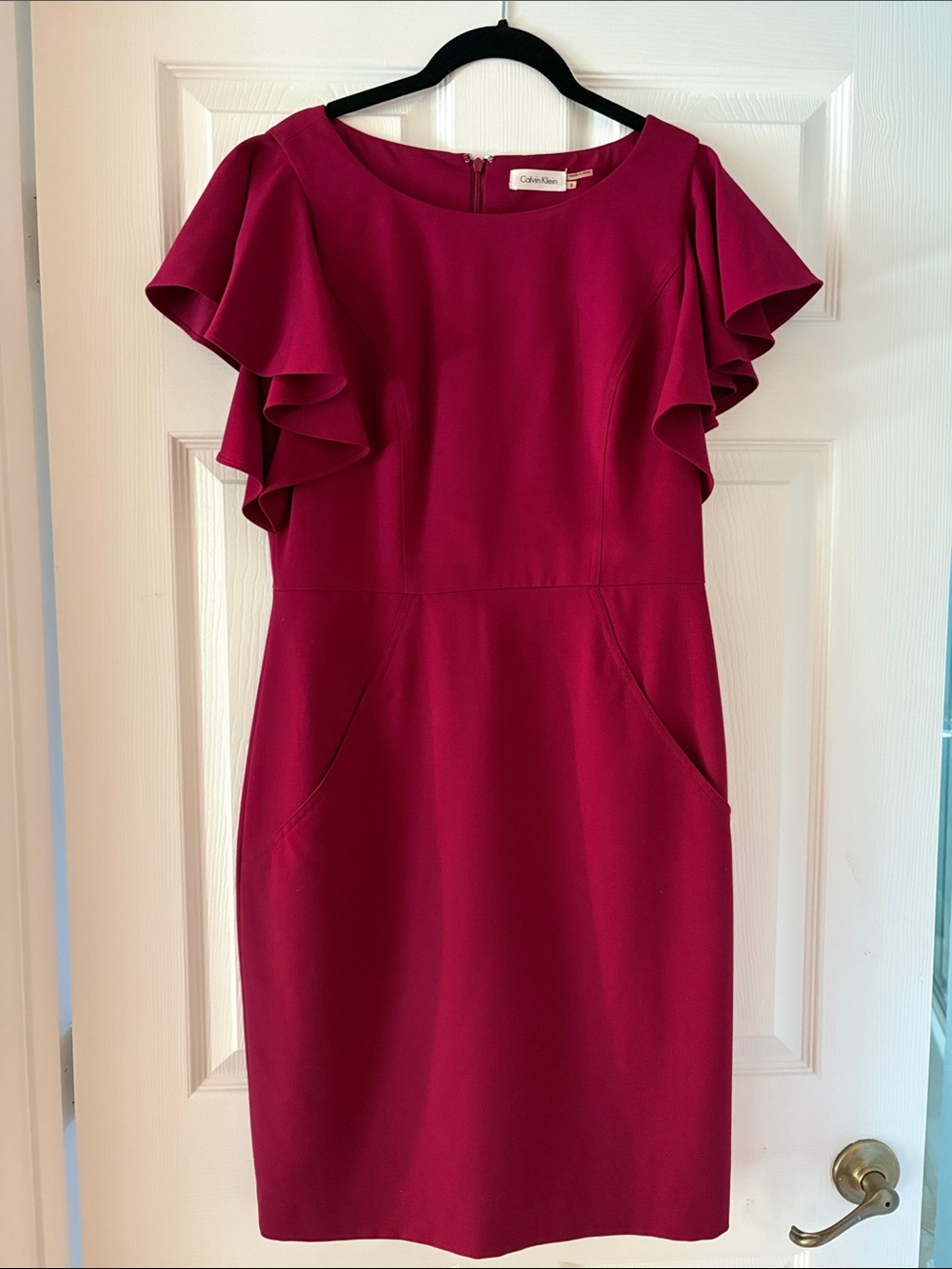 Calvin Klein Magenta Ruffle-Sleeve Sheath Midi Dress